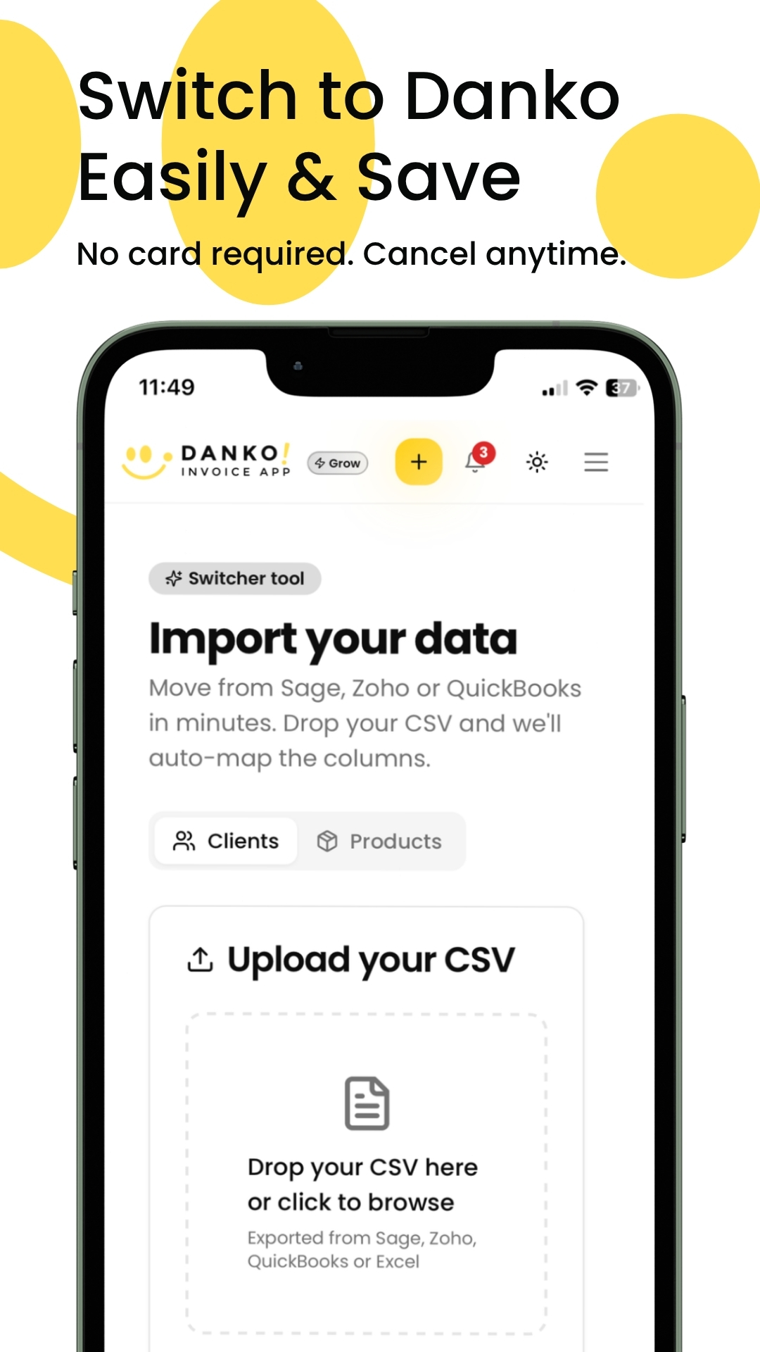 Danko Invoice — Switcher tool — import clients and products from Sage, Zoho or QuickBooks