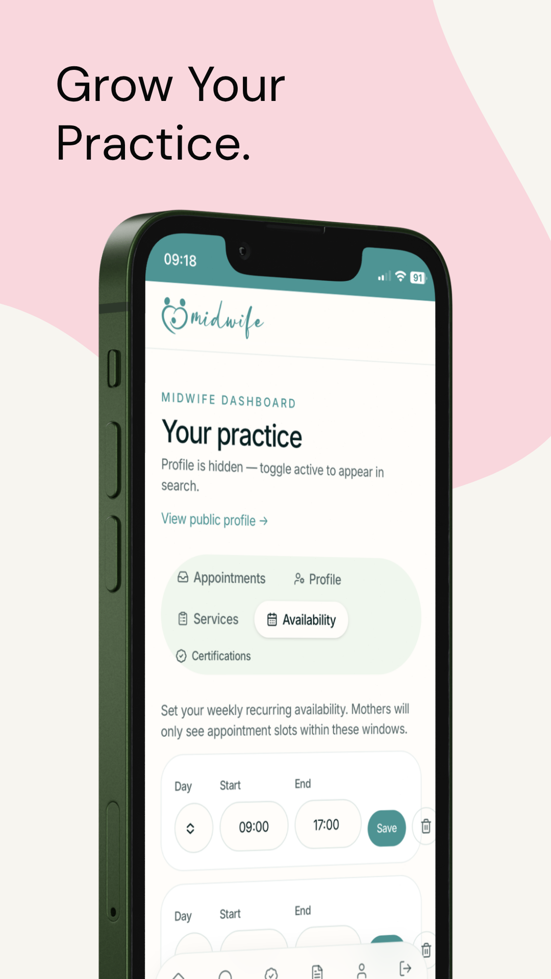 Midwife SA — Practice dashboard — availability, services and bookings